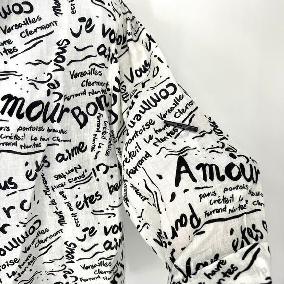 Laura Ashley White Linen Black French Graffiti Toggle Button up Blouse Size 2X - Picture 2 of 8